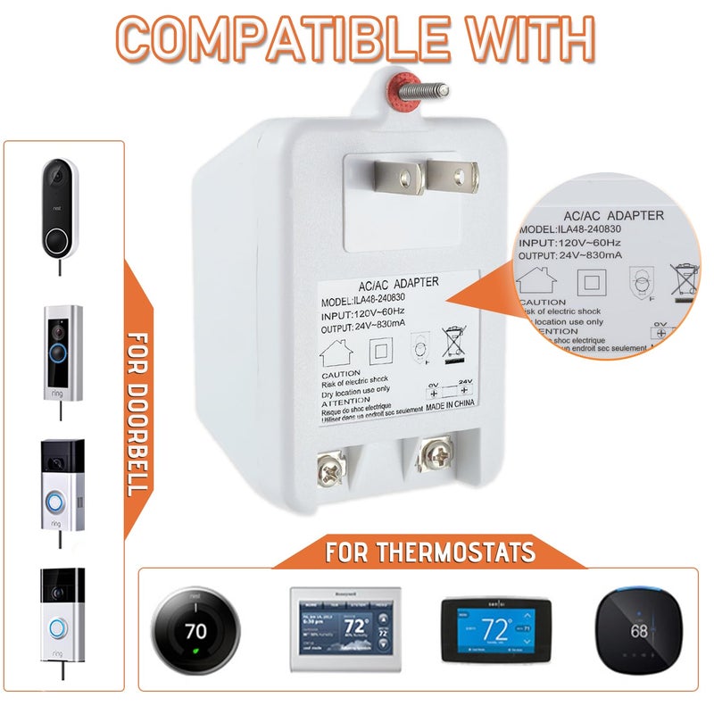 JAMHER 24 Volt Doorbell Transformer 24VAC 830mA Plug in Transformer with PTC Fuse Compatible with Nest Ecobee Sensi and Honeywell Thermostat and All Versions of Ring Doorbell - Image 3